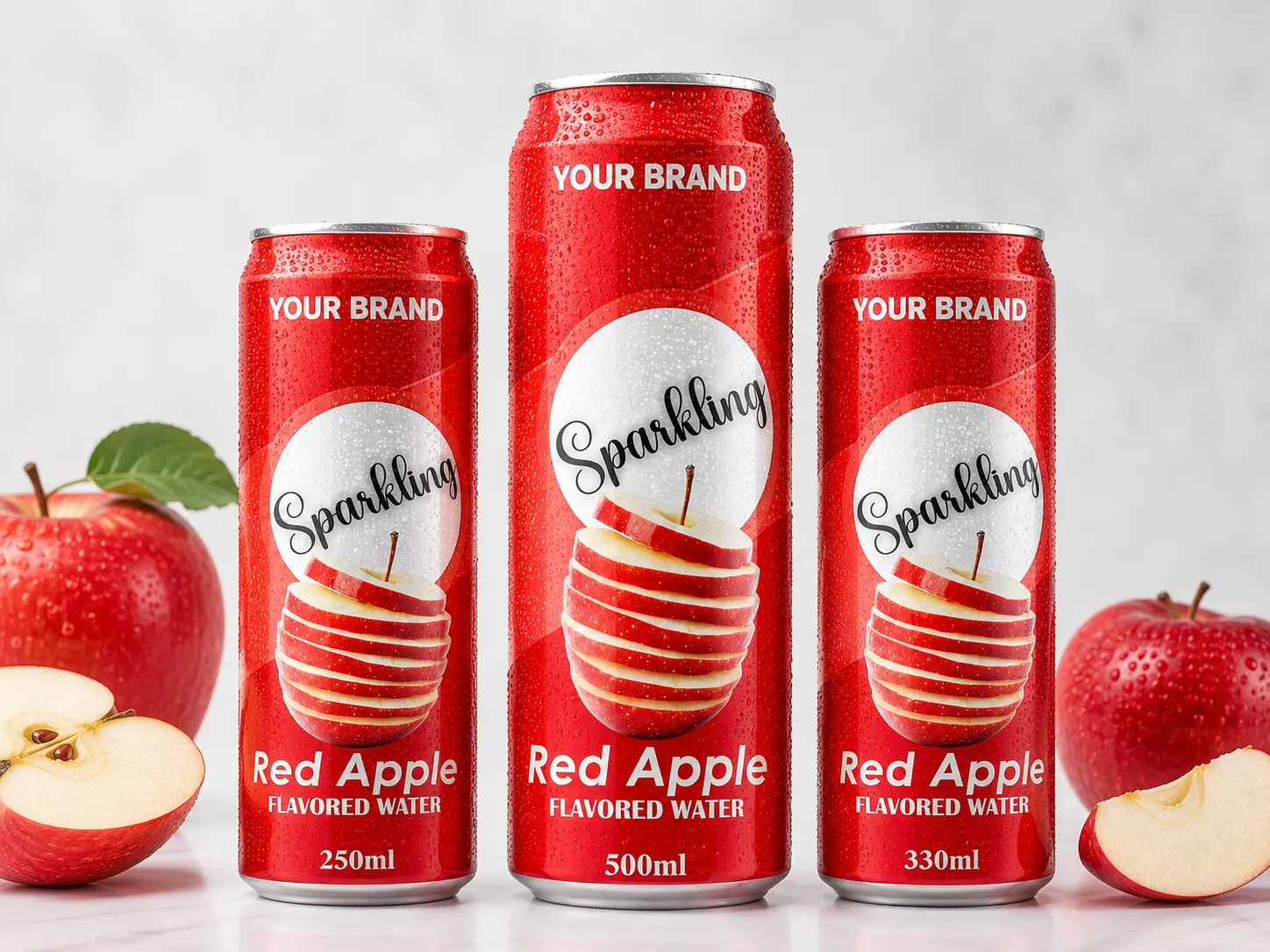SPARKLING FLAVORED WATER Red Apple 250ml, 500ml and 330ml cans with fresh red apples.